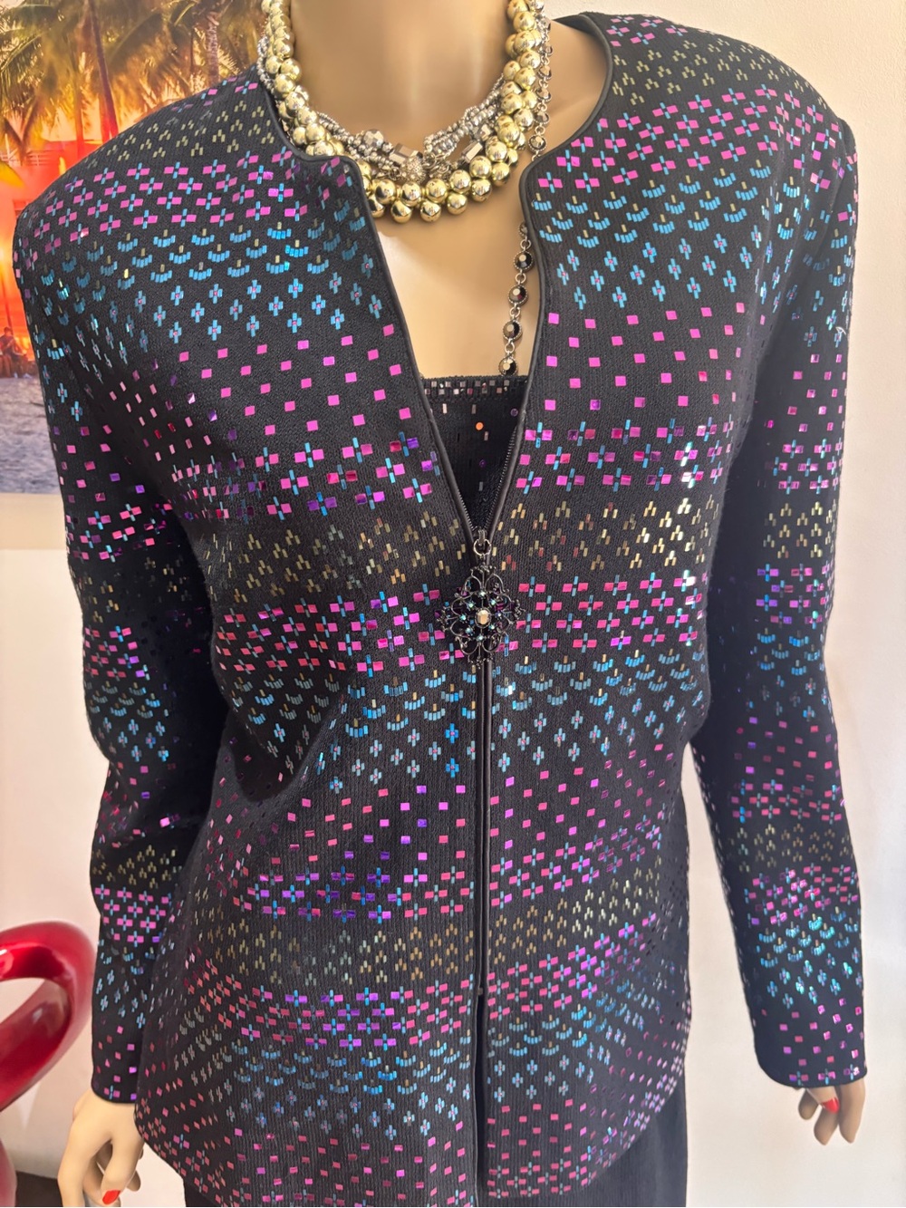 St. John Black Zip Jacket Pink Green 12 L blazer embellished paillettes twinset